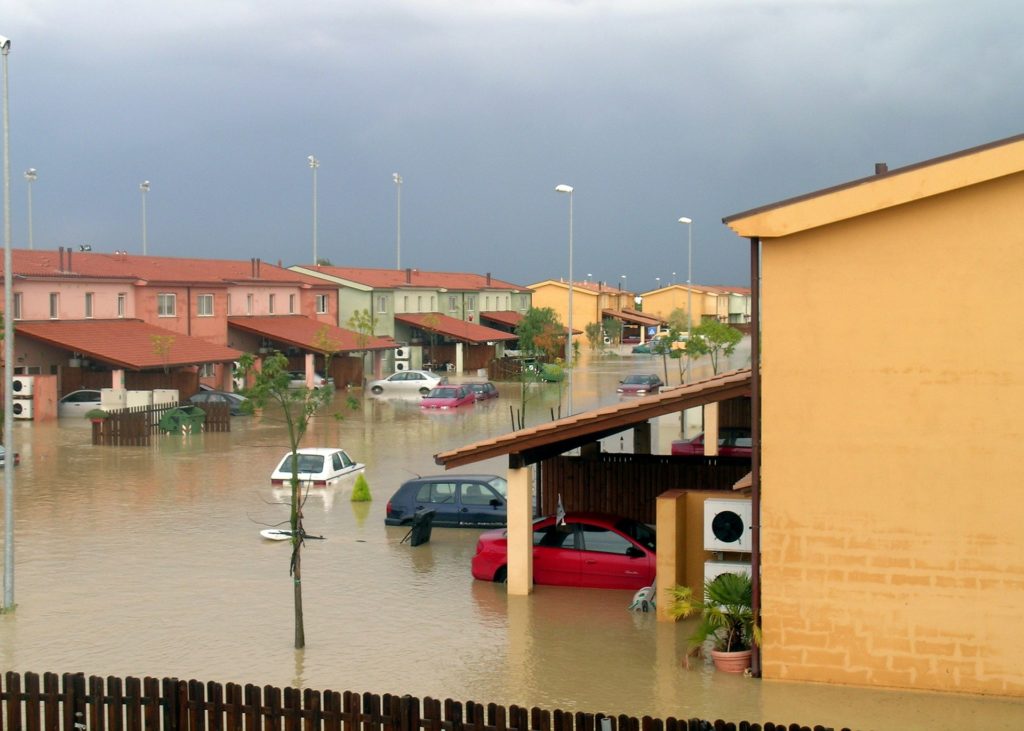 flooded roads and apartment buildings